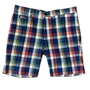 New Alberto Cotton Madras Plaid Shorts Flat Front 9” Inseam Pockets Colorful 36W
